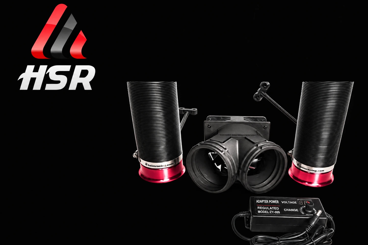 HSIM Racing brand panel with speed-responsive wind simulator equipment