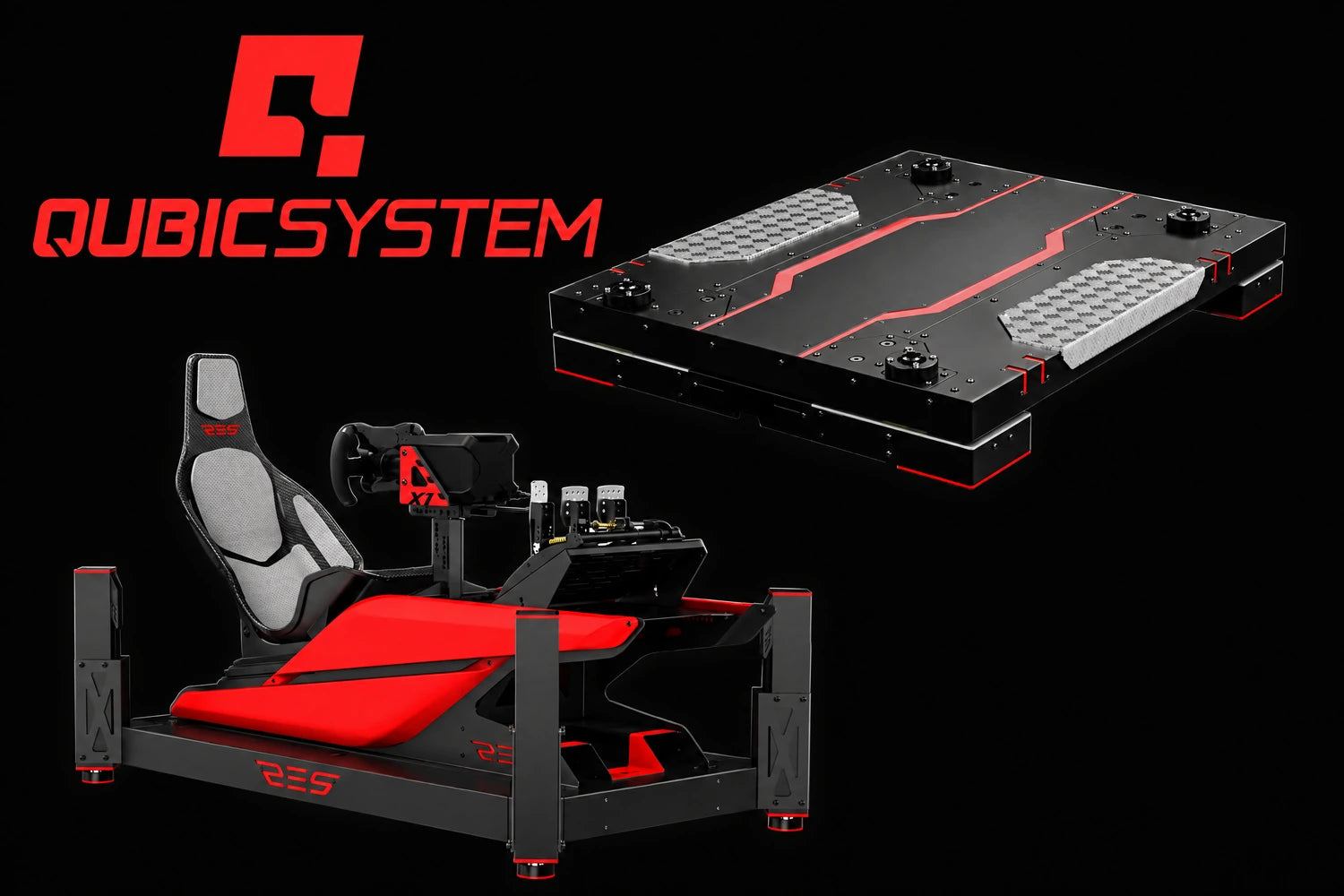 Qubic System logo, motion platform and cockpit equipment