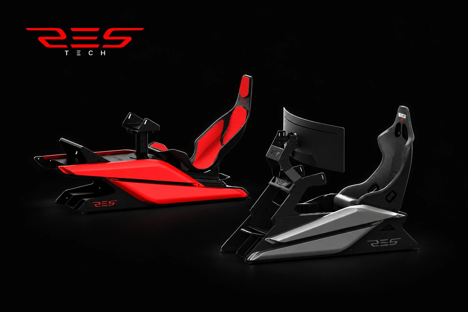 RES TECH logo and racing simulator cockpits