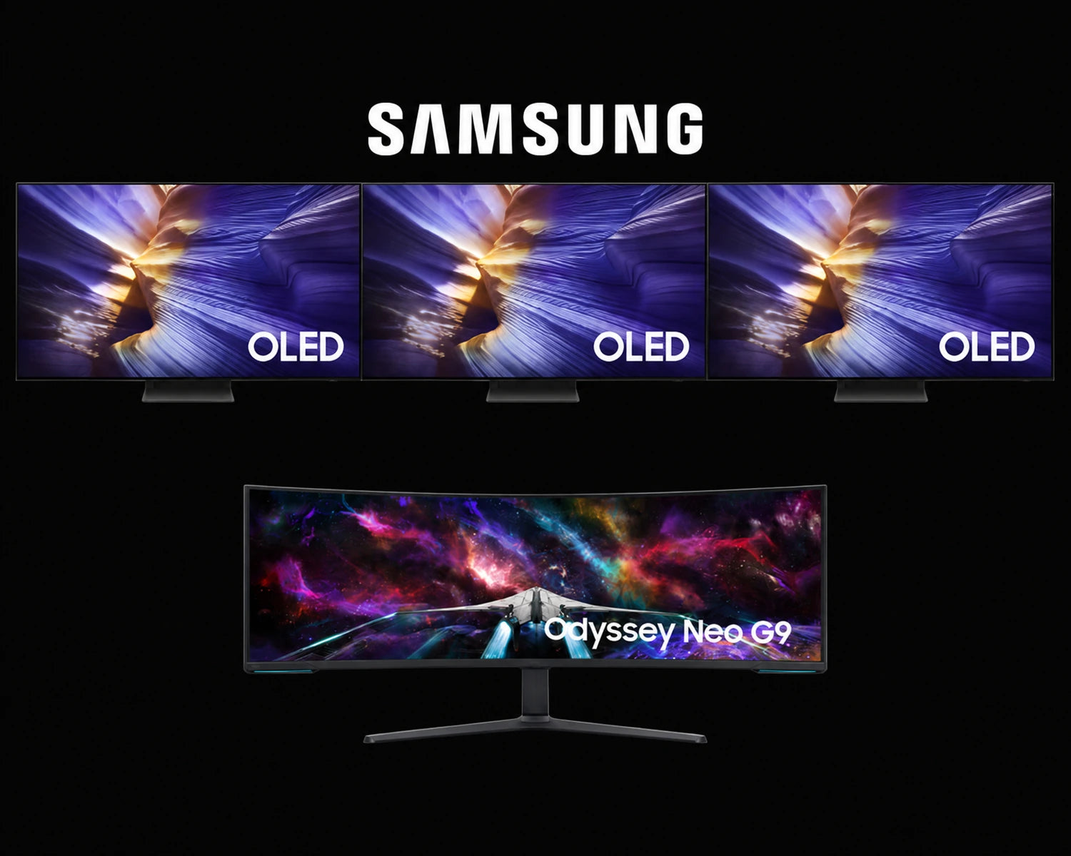 Samsung logo and Odyssey gaming monitors