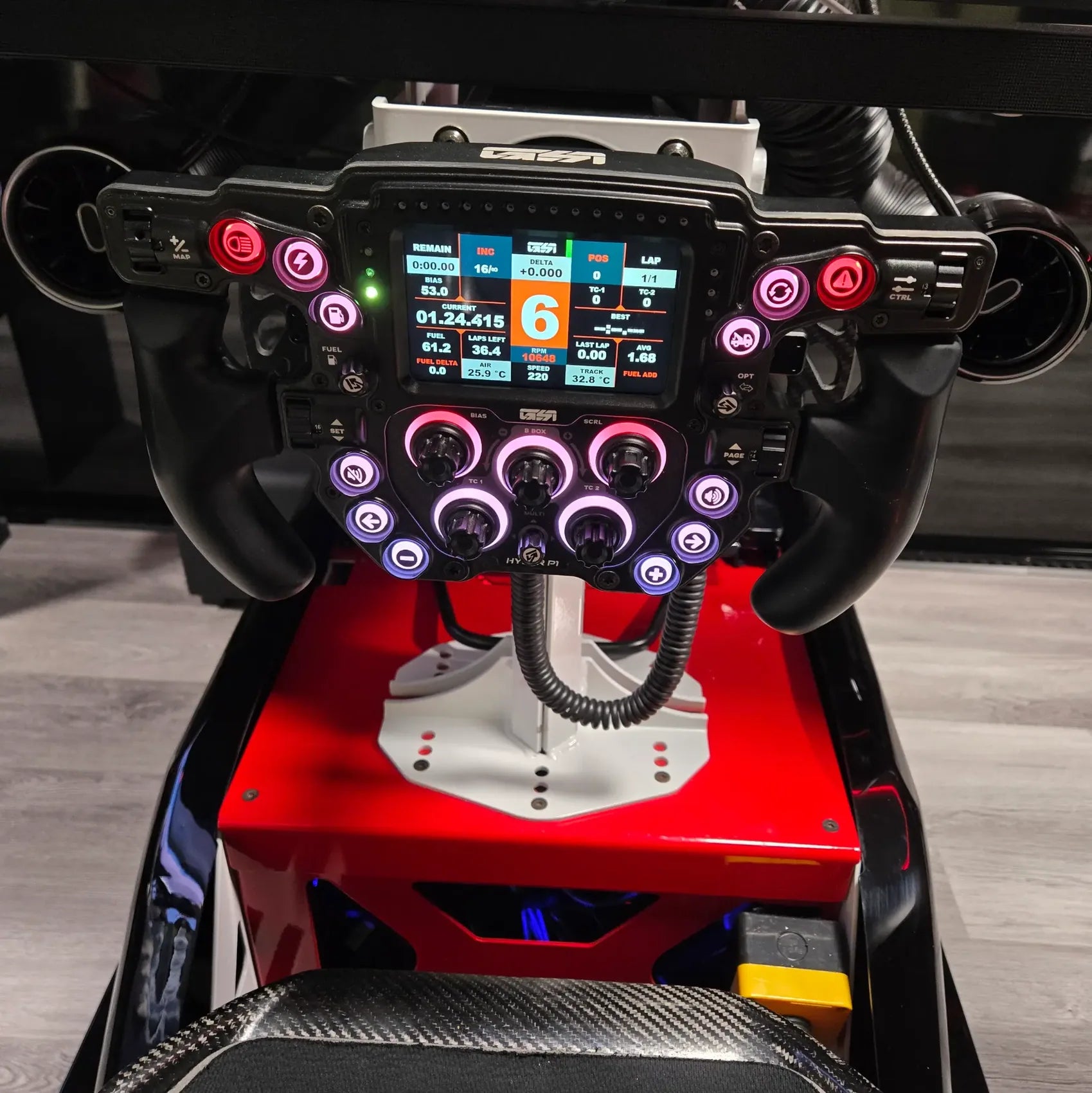 Gomez Sim Industries Hyper P1 steering wheel on a Simuluxor racing simulator