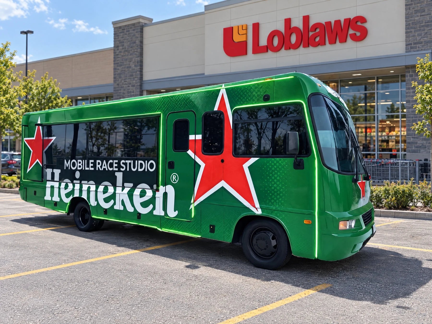 Illustrative composite of the Heineken-branded Simuluxor Mobile Race Studio bus in a Loblaws parking lot