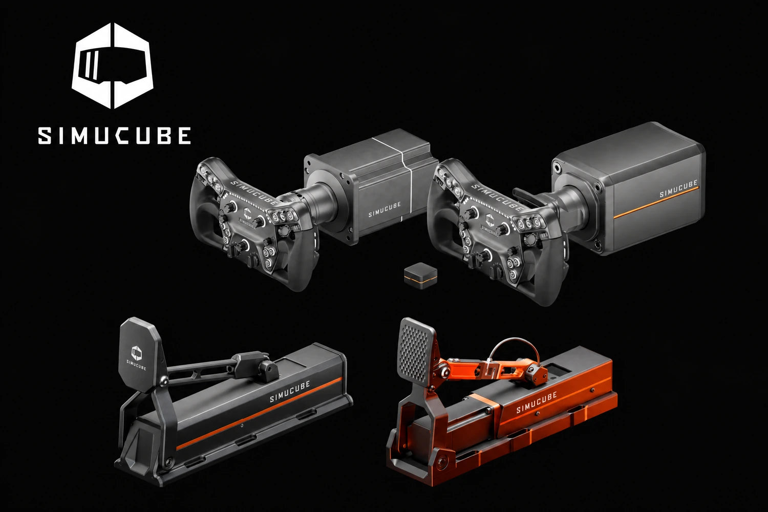 Simucube logo and direct-drive steering and pedal hardware